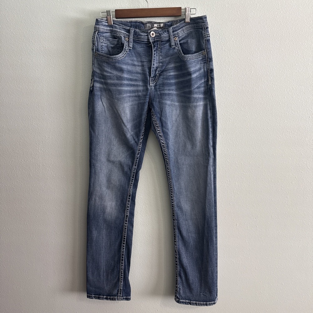 BKE Jake Straight Jeans Mens 34 L Medium Wash Stretch Denim Measures‎ 32x32